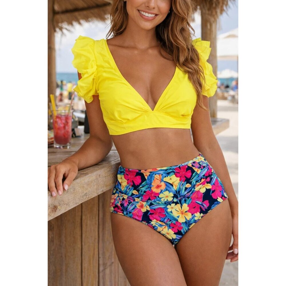 Soucrat Medium Yellow Ruffled Bikini Top with Floral High Waist Bottoms - Picture 7 of 7
